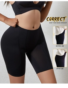Macro detail of high-waist body shaper shorts showing before and after slimming effect