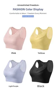 Detail of seamless sports bra in pink, yellow, purple, and black with mesh texture
