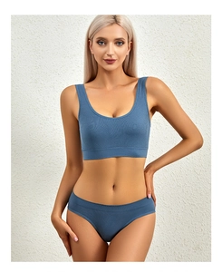 Detailed texture of blue ribbed wireless sports bra and matching seamless briefs set