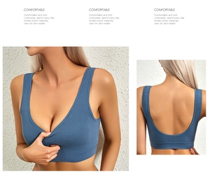 Detail of blue modal cotton wire-free bra featuring deep V-neck and U-shaped back design