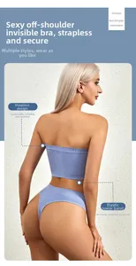 Detail of light blue seamless backless bra with elastic band and thong set on model