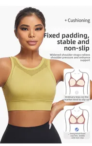 Detail of mustard yellow sports bra with fixed chest pads and wide straps for stability