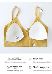 Detail of ginger yellow seamless bra with deep V-neck and removable triangle pads