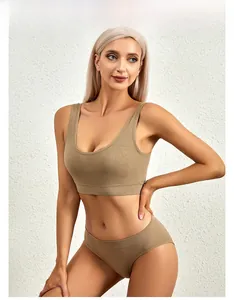 Detail showing Earth-toned ribbed knit wireless bra and panty set with high elasticity