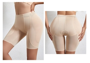 Detail view of skin-tone tummy control shorts with breathable mesh and hip padding