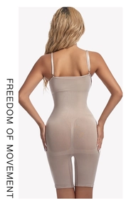 Detail of high-stretch beige bodysuit showing back butt-lift design and adjustable straps