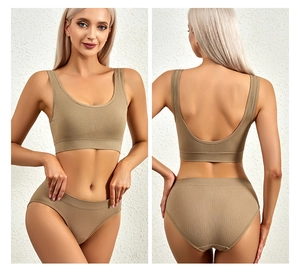 Detailed view of khaki ribbed knit wire-free bra and matching panty set on model