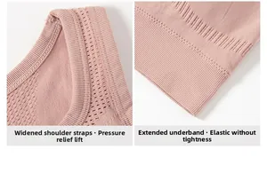 Detail of pink sports bra showing breathable wide straps and elastic ribbed longline band
