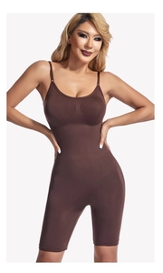 Deep brown body-shaping bodysuit with thin straps and U-neckline for a slim silhouette