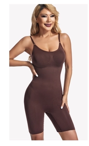 Close-up of seamless dark coffee bodysuit with adjustable straps for tummy control