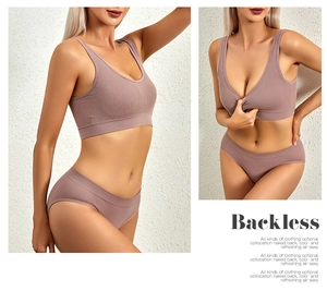 Close-up of seamless ribbed knit backless bra and panty set in dusty rose fabric