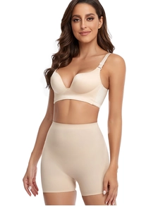 Detailed front view of seamless high-waist butt lifting shorts and matching V-neck bra