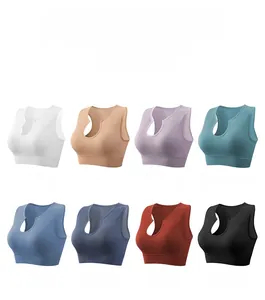 U-neck ribbed sports bras shown in eight colors including white, purple, and blue