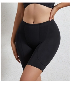 Detail view of black high-waisted shaping shorts with hip pads for enhanced body curves