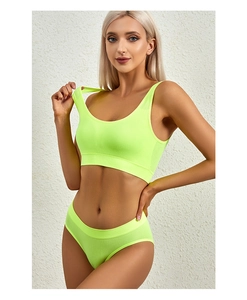 Detail of neon yellow ribbed lingerie set featuring a soft wire-free bra and matching panties