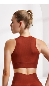 Detail view of brick red ribbed seamless sports bra with racerback design and texture