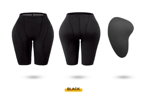 Detail of black tummy control shorts with removable padding for butt lifting