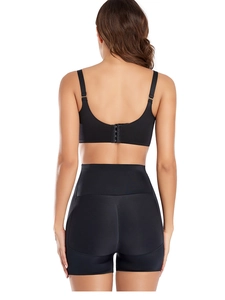 Back view of high waist seamless shapewear set with butt lifting shorts in black fabric