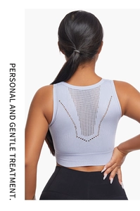 Close-up of laser-cut mesh and V-shaped breathable back on lavender sports bra