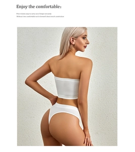 Rear view of white ribbed wireless tube top bra and matching thong set on model