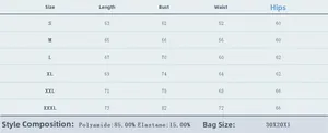 Size chart for women's bodysuit including S-3XL measurements and fabric composition details