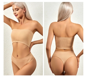 Detail of beige seamless lingerie set with ribbed texture and strapless bandeau design
