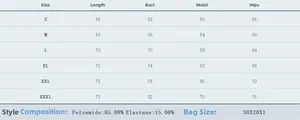 Detailed size guide for shaping bodysuit showing length, bust, waist, and hip measurements