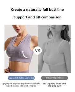 Detail view of the ribbed fabric and wide U-neckline of this high-support sports bra