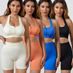 Women Seamless Ribbed Sports Bra High Elasticity Nylon Workout Tank Top Square Neck Wireless Yoga Bra For Gym Fitness