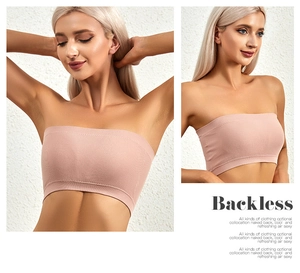 Macro view of seamless strapless tube top in ribbed elastic nude fabric with backless cut