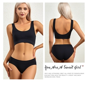Detail of seamless black lingerie set featuring a U-back sports bra and ribbed panties