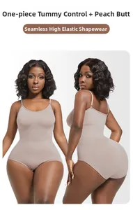 Front and back view showing seamless compression bodysuit with tummy control and butt lifting