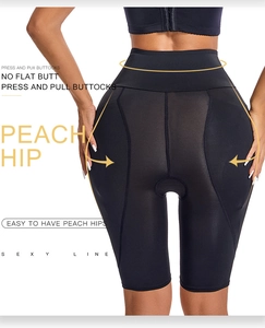 Rear view of high-waist tummy control shaper with peach hip lift design in black fabric