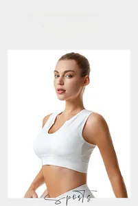 Close-up of white ribbed sports bra featuring high-elasticity fabric and wide straps