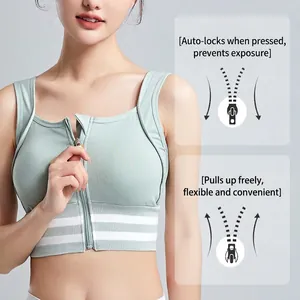 Salbeigrüner Sport-BH für Damen mit Frontreißverschluss und gestreiftem Elastikband für Fitness
