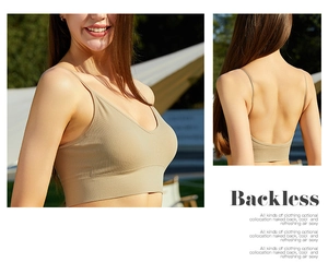 Detail showing the seamless ribbed texture and thin straps of a backless khaki bralette