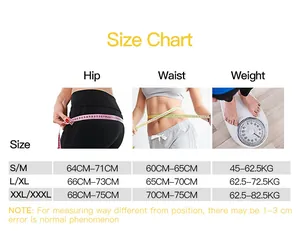 Detailed size chart for women shapewear showing hip, waist, and weight measurements