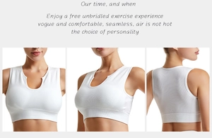 Three-view detail of white seamless ribbed sports bra with wide hem and U-neckline