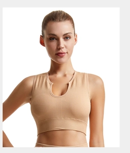 Detail of ribbed beige sports bra featuring U-neck with V-cut and vertical knit texture