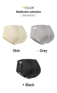 Detailed view of padded lifting panties in skin, grey, and black with lace accents