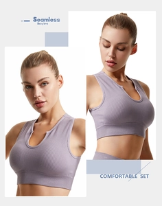 Detail of lilac seamless ribbed sports bra with U-neck design and high elasticity fabric