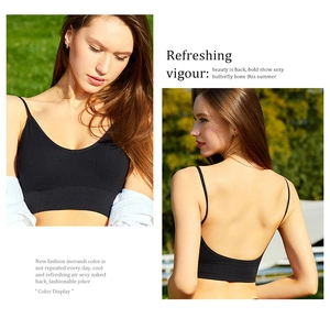 Detail of black seamless ribbed bra set with deep V-neck and thin adjustable straps