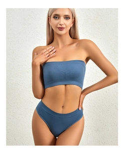 Close-up of seamless ribbed knit lingerie set in Morandi blue with tube top and panty