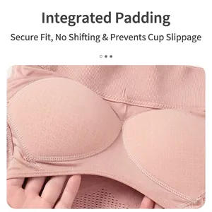 Pink sports bra with fixed cups and breathable mesh lining for maximum support and comfort
