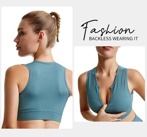 Detail of blue ribbed yoga sports bra with U-neck design and stylish racerback cut