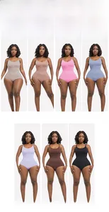 Slimming bodysuit set showing seven different color options in high-elastic ribbed knit