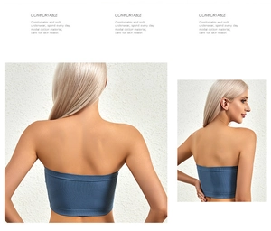Detail of blue seamless ribbed modal cotton bandeau showing strapless design and soft texture
