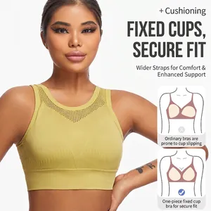 Mustard yellow high-impact sports bra with breathable mesh and wide shoulder straps