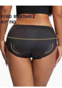 Detail of fixed breathable hip pads and mesh fabric on black tummy control panties