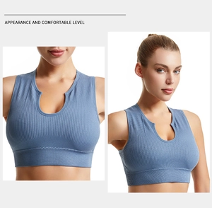 Detail of blue ribbed sports bra featuring deep U-neck and breathable elastic fabric